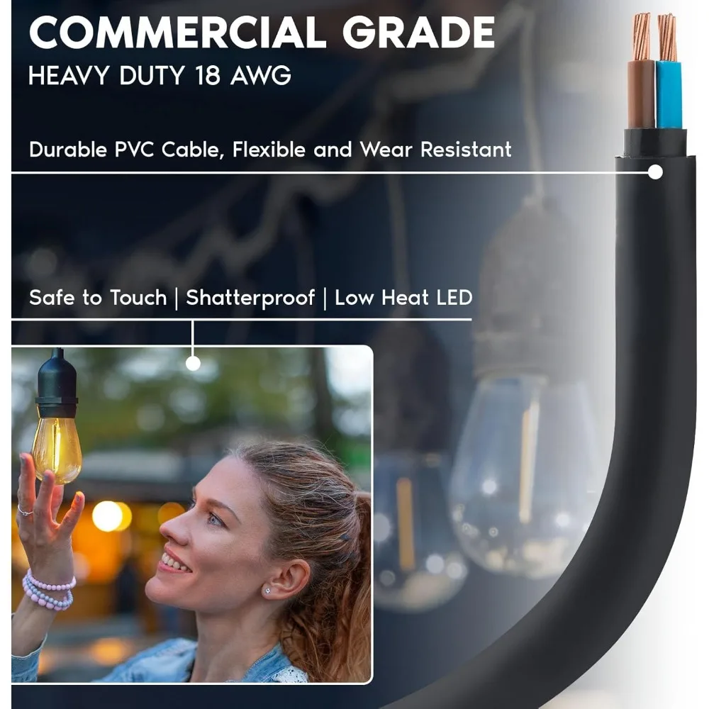 سلسلة أضواء خارجية LED بطول 24 قدمًا من LUXRITE - مقاومة للماء تجارية مع 12 لمبة إديسون S14 مقاومة للكسر، تصنيف IP65 للديكور