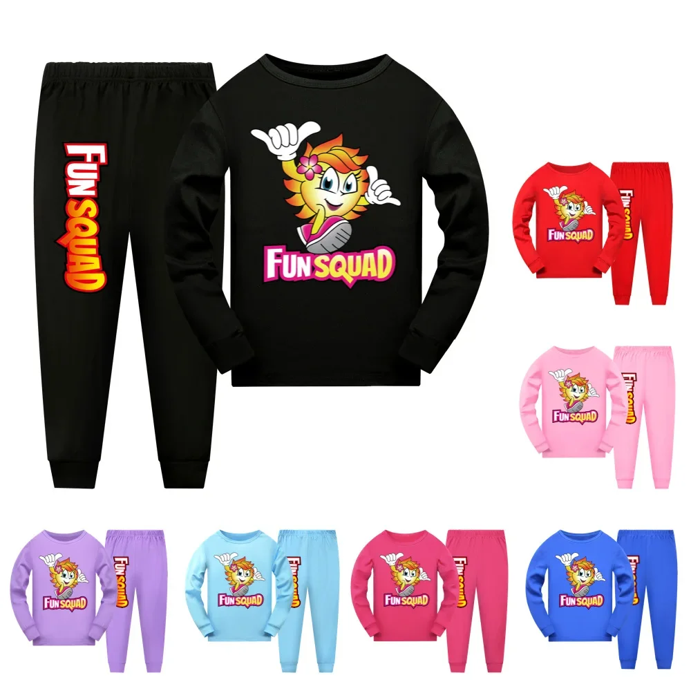 Spring Autumn Girls Pajama Set Fun Squad Gaming Cotton Sleepwear Set O-neck Long-sleeved Top+ Pants Soft Casual Kids Clothes