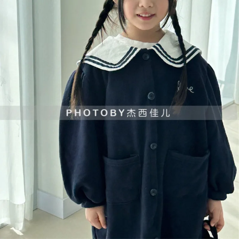 

Girls Preppy Dress 2025 Autumn Winter New Korean Fashion Casual Daily Turn-down Collar Long Sleeve Dress Kids Spring Clothes