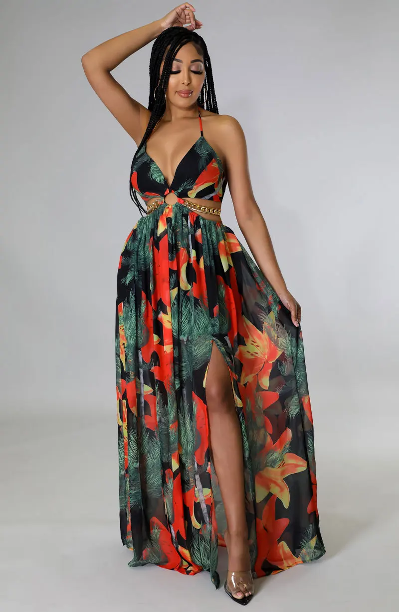 2023 Elegant Women Floral Halter V-neck Backless Cut Out Waist Chain Sleeveless High Side Split Fit Flare Maxi Long Dresses