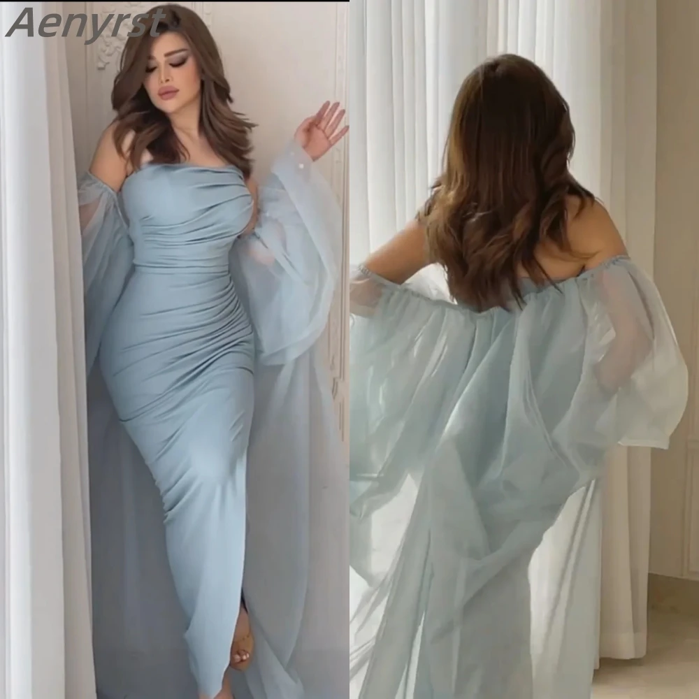 Elegant Prom Dress Sheath Strapless Muslim Party Gowns Formal Vintage Long Sky Blue Side Slit Pleated Evening Dress Custom Made