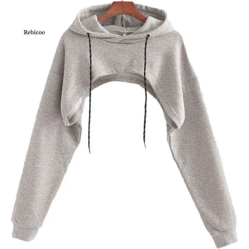 

Women Solid Color Long Sleeve Drawstring Hoodies Sexy Cut Out Backless Super Short Sweatshirt Harajuku Pullover Crop Top