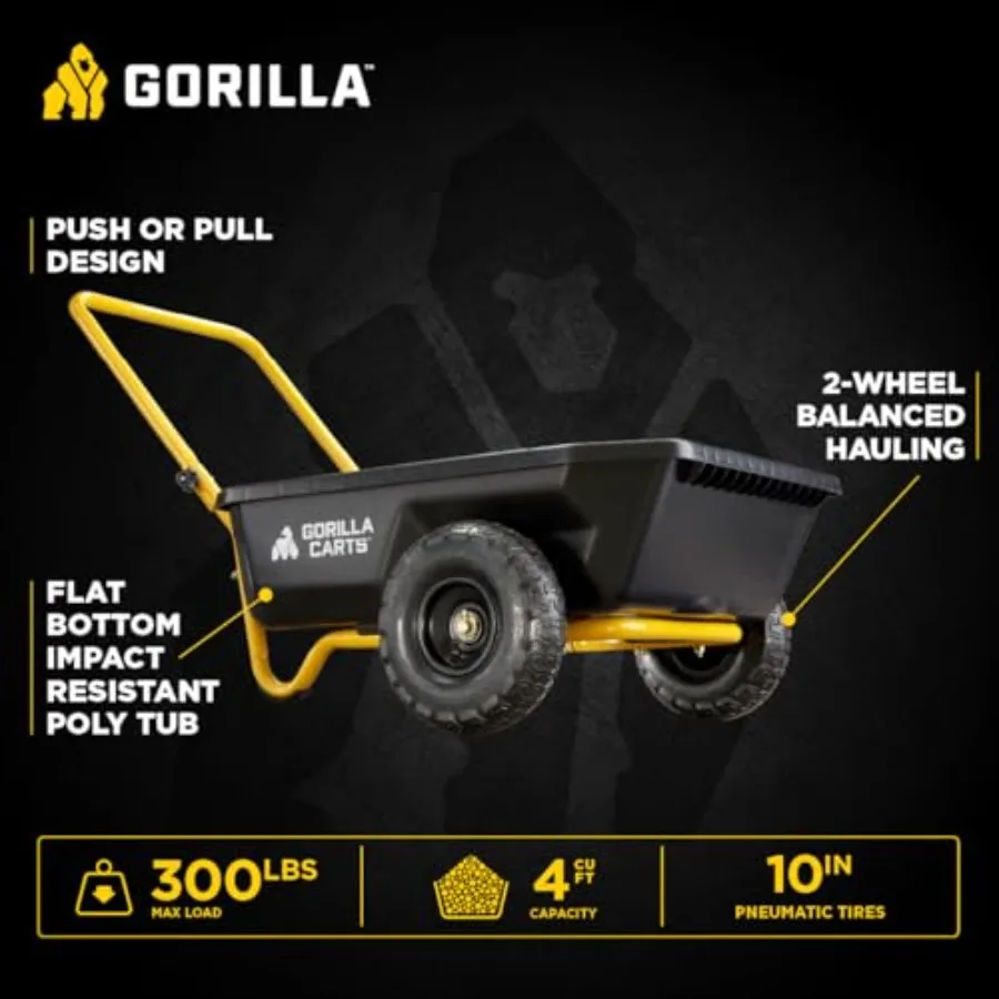 Poly Dump Cart for garden use, polyethylene material, black color, 2-wheel design with 4 cu ft capacity and 300lb load capacity