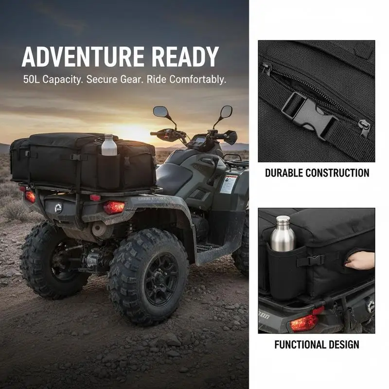 ATV Back Cargo Carrier 50L For Trail Riding Mudding Off-Roading, Padded Seat Pad Dual Cup Holders 600D Oxford Fabric Universal Mounting Straps Rear Rack Compatible Multi-Purpose Storage Solution Utility Vehicle Accessory