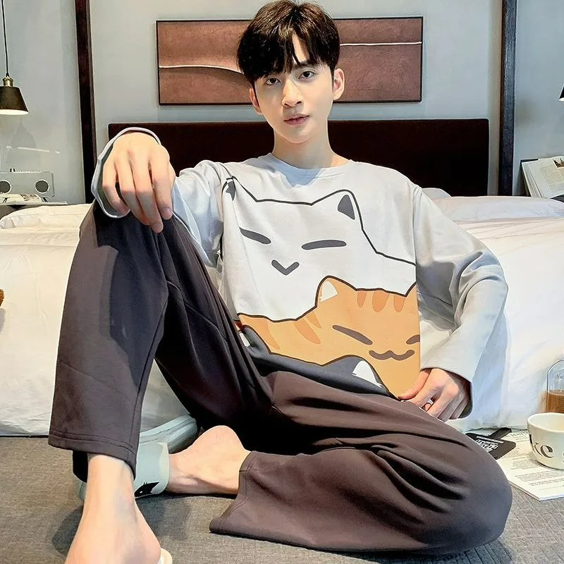 2024 New Men Pajamas Spring Autumn Long Sleeve Pants Cartoon Teenagers Homewear Suit Male Round Neck Thin Casual Nightclothes