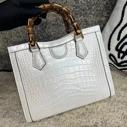 Bamboo Handle Genuine real crocodile leather skin women tote handbag white pink durable solid top quality crocodile skin handbag