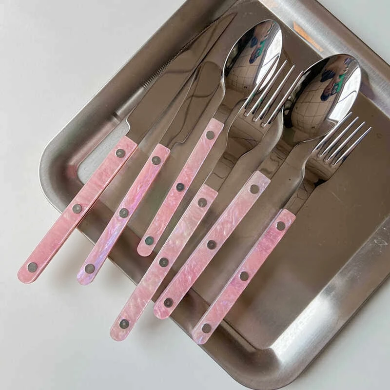 Iridescent Pink Stainless Steel Western Knife Fork Spoon Set, Korean‑Style Shell Tableware Set for Home Use, Steak Knives, Desse