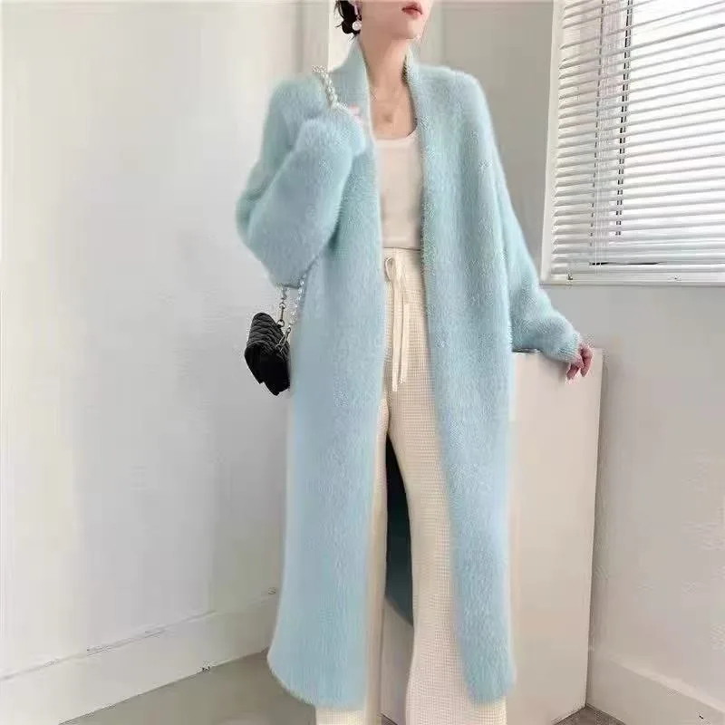

Autumn Winter Lazy Style Warm Knee Length Thickened Women Cardigan Pure Imitation Mink Fleece Knitted Sweater Women Warm Coat