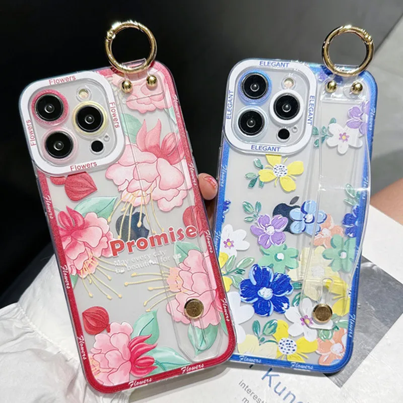 Fashion Flowers Wrist Strap Clear Phone Cases For Iphone 13 12 11 14 15 Pro MAX X XR XS 7 8 Plus Cover Hand Band Case Soft TPU