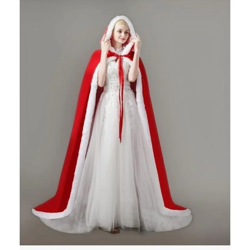 

Длинное красное пальто-накидка Cisas с капюшоном для женщин, с шлейфом, для сценических выступлений, с белой бахромой, свадебное платье