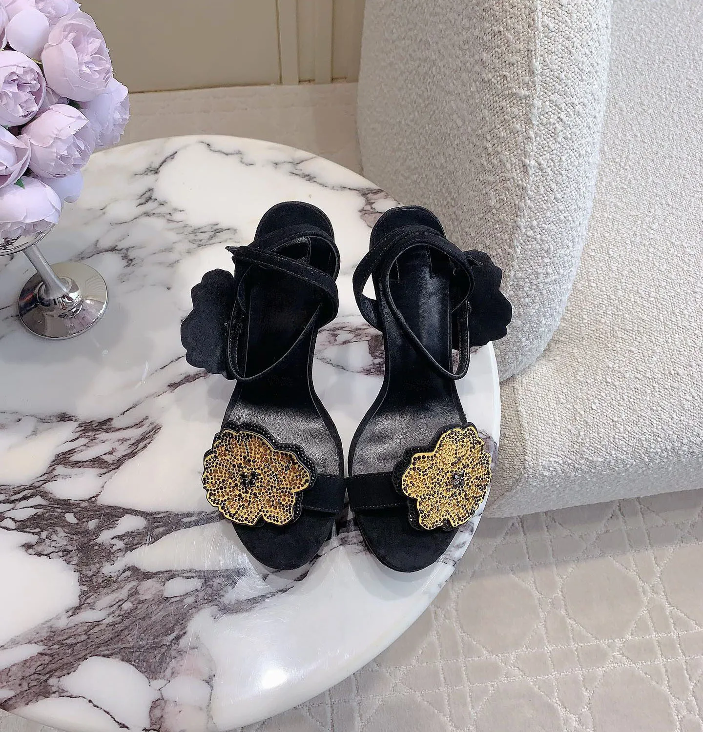 Flower  Women's Sandals Round Toe Stiletto Side Air Slingback High Heel One Word Belt Buckle Strap Elegant Shoes Wedding 43