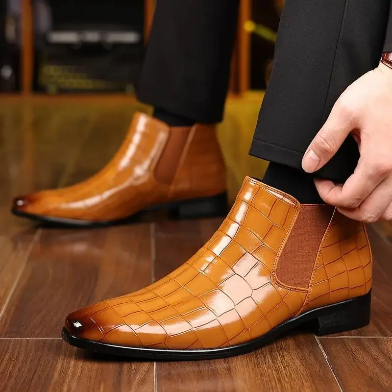 Chelsea Boots Male Small Square Toe Men's Shoes Versatile Fashion Short Ankle Boots Office Career Business Suit Gentleman Style