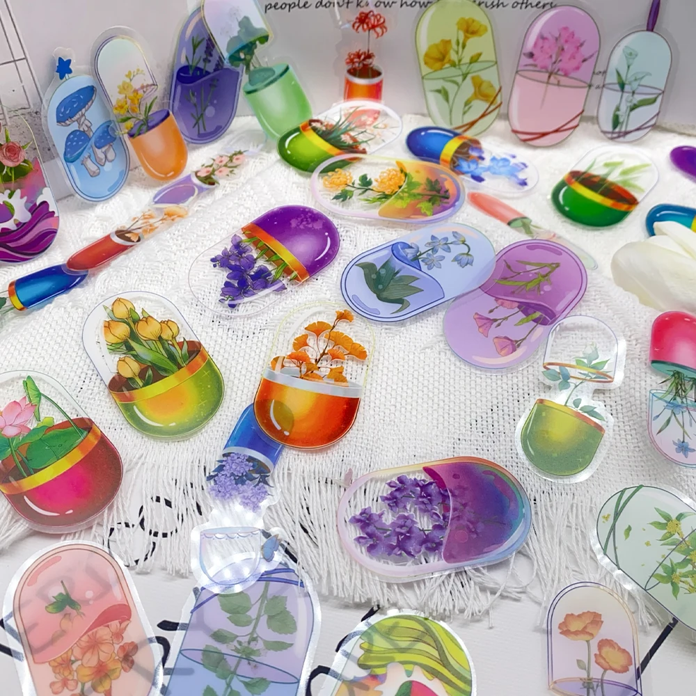 

50pcs Capsule Flower Transparent PET Stickers Decals For Phone Scrapbook Skateboard Guitar DIY Aesthetic Waterproof Stickers