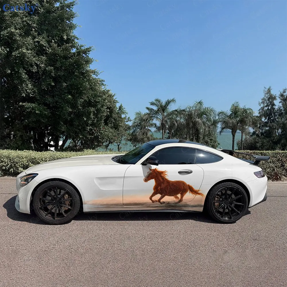 2pcs Galloping Chestnut Horse Car Side Wraps, Self-Adhesive PVC Waterproof & Scratch-Resistant Stickers, Car Accessory Gift