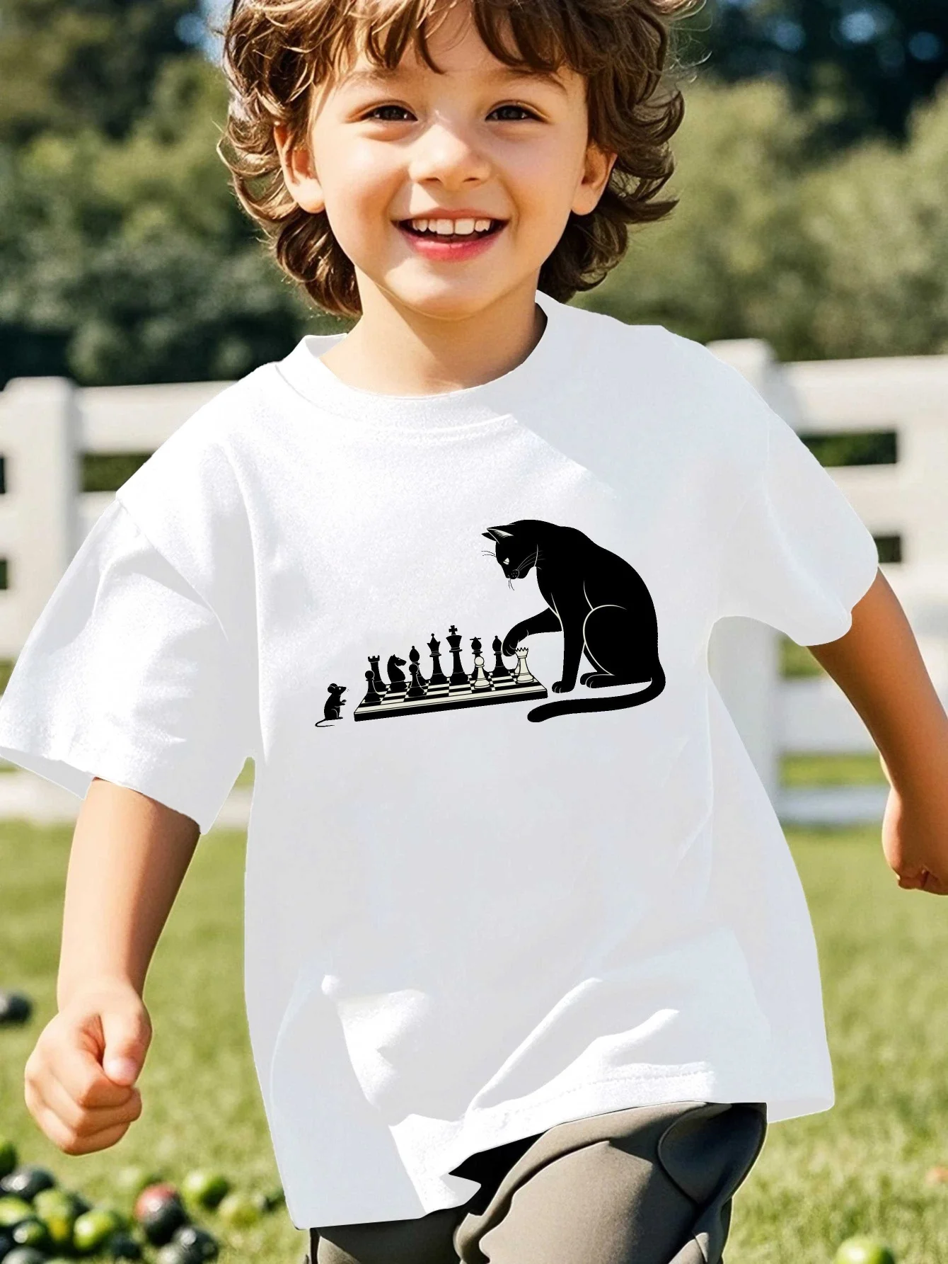 Family Matching T Shirt Black Cat Playing Chess Graphic Print Short Sleeve Cotton Tee For Boys Girls Kids Daily Casual Wear