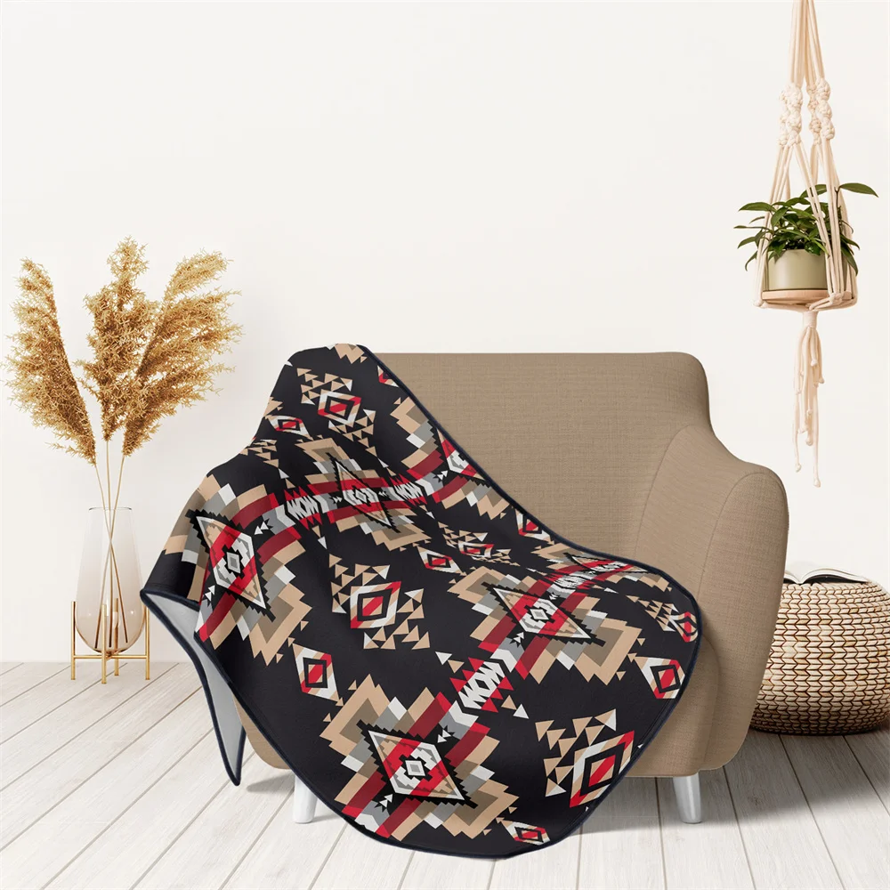 Boho Indian Ethnic Black Geometric Flannel Throw Blanket Edged Soft Warm Blanket Bedspread Home Sofa Couch Chair Cover Tapestry