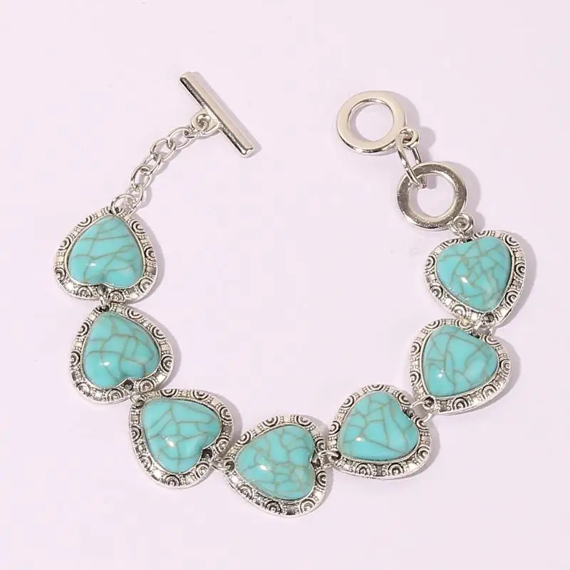 Vintage Heart Bracelet Unique Ethnic Style Turquoise Hand Jewelry Retro Love Charm Bracelet For Women