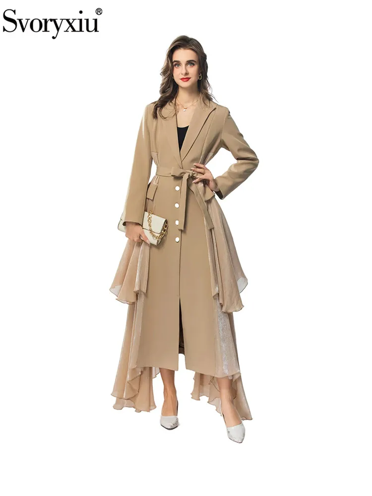 

Svoryxiu Fashion Runway Autumn Winter Khaki Long Style Trench Coats Women's Upside Down Collar Long Sleeve High Waist Outerwear