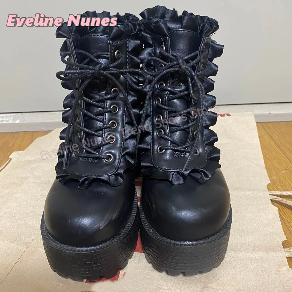 Women Gothic Lolita Platform Ankle Boots Round Toe Block Heels Lace Up Ruffle Trim Side Zipper Cosplay Street Daily Fashion Shoe