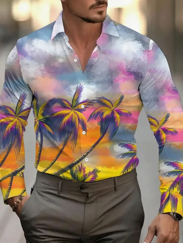 Men's Abstract Digital Print Casual Shirt - Red Blue White Modern Art-Inspired Long Sleeve Button-Up,