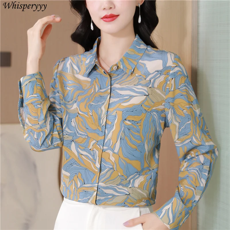 Retro Printing Long-sleeved Blouse for Women 2025 Spring Medium and Long Turn-down Collar Tops Chemise Femme Button Shirt