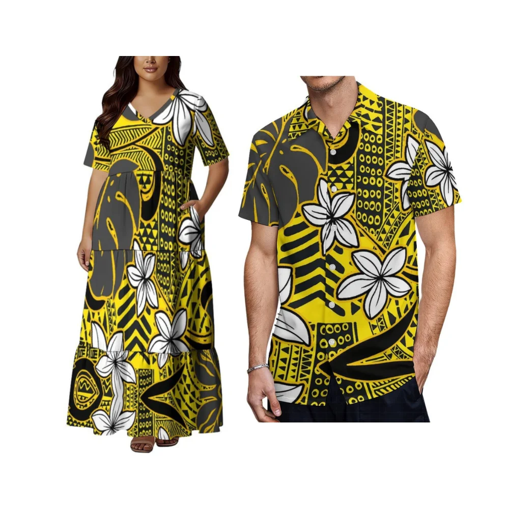 

Свободное женское длинное платье с V-образным вырезом и полинезийским принтом, парный комплект: мужская высококачественная рубашка с коротким рукавом