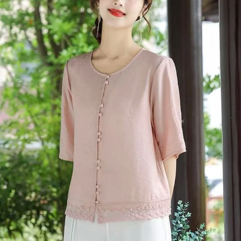 

Женская блузка с круглым вырезом из льняной смеси | Повседневный топ свободного кроя с рукавами 3/4 и кружевной отделкой