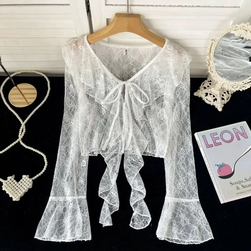 

Sweet Capes And Fresh Horn Sleeve Lace Cardigan Polo Women Summer Clothing Ruffle Edge Thin Long Sleeve Sunscreen Cover