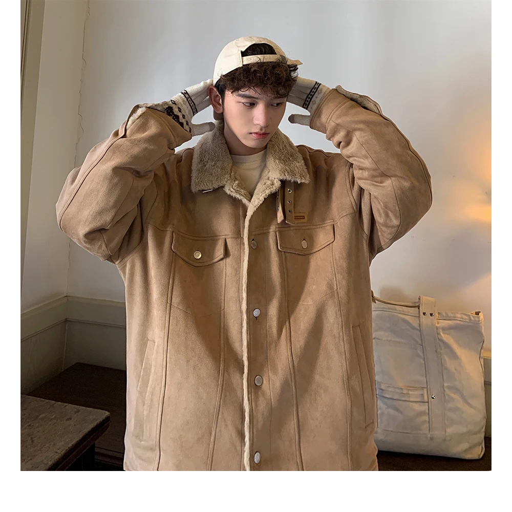 Autumn Winter American Retro Suede Warm Khaki Cotton Jacket Unisex Thickened Gray and Dark Blue Casual Cotton Coat