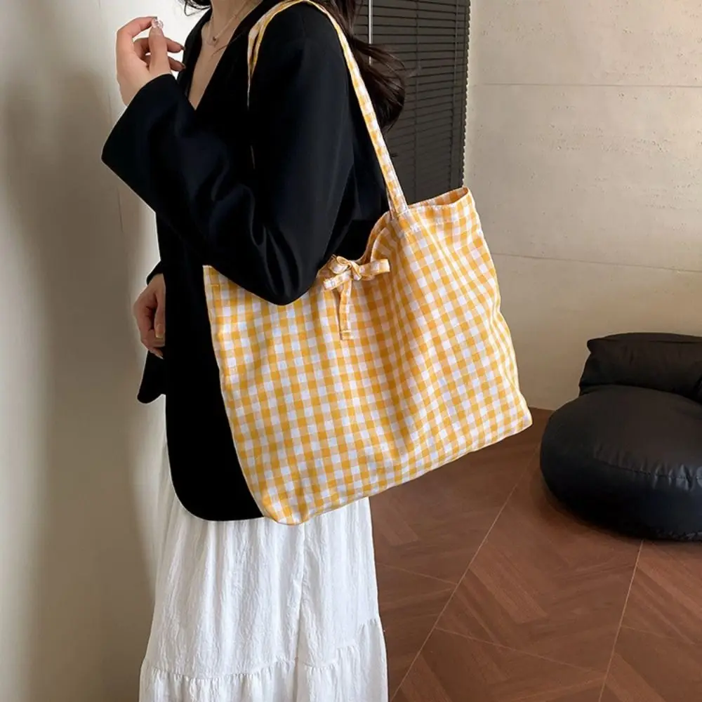 

Ins Style Polyester Plaid Tote Bags Large Capacity Bow Tie Design Bow Shoulder Bag Lightweight Shopping Bag Casual Use