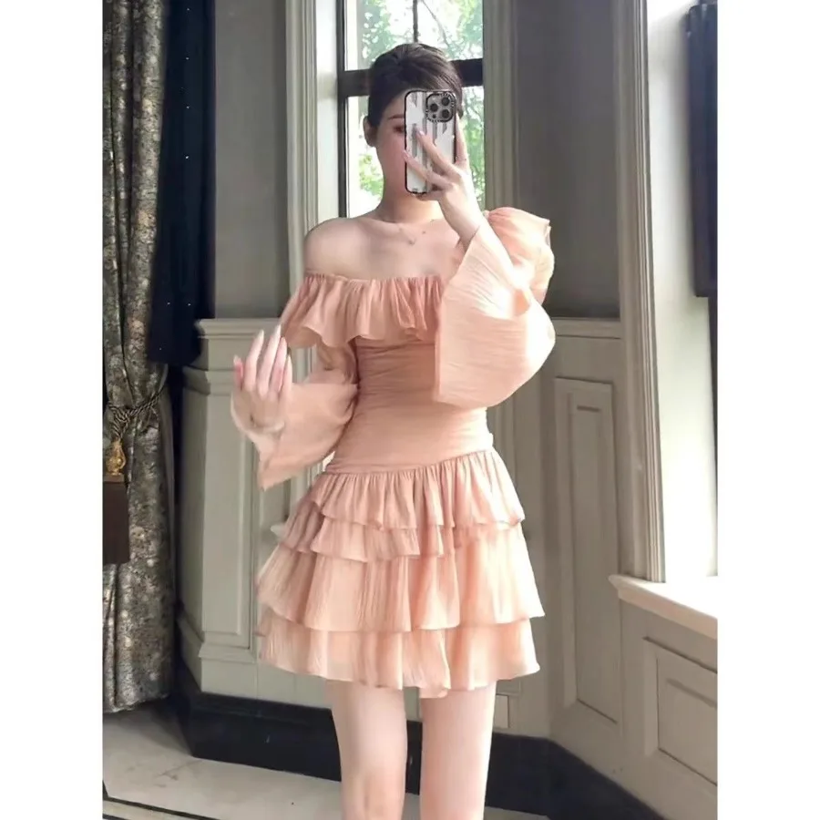 

【New Arrival】Women Blush Off-Shoulder Ruffled Mini Dress, Long Flare Sleeve Tiered Chiffon Party Outfit