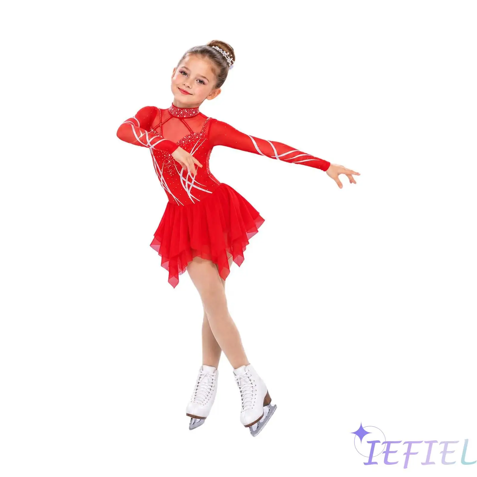 Girls Figure Skating Dance Dress Kids Long Sleeve Cutout Back Mesh Asymmetrical Hem Rhinestones Dress for Training Performance