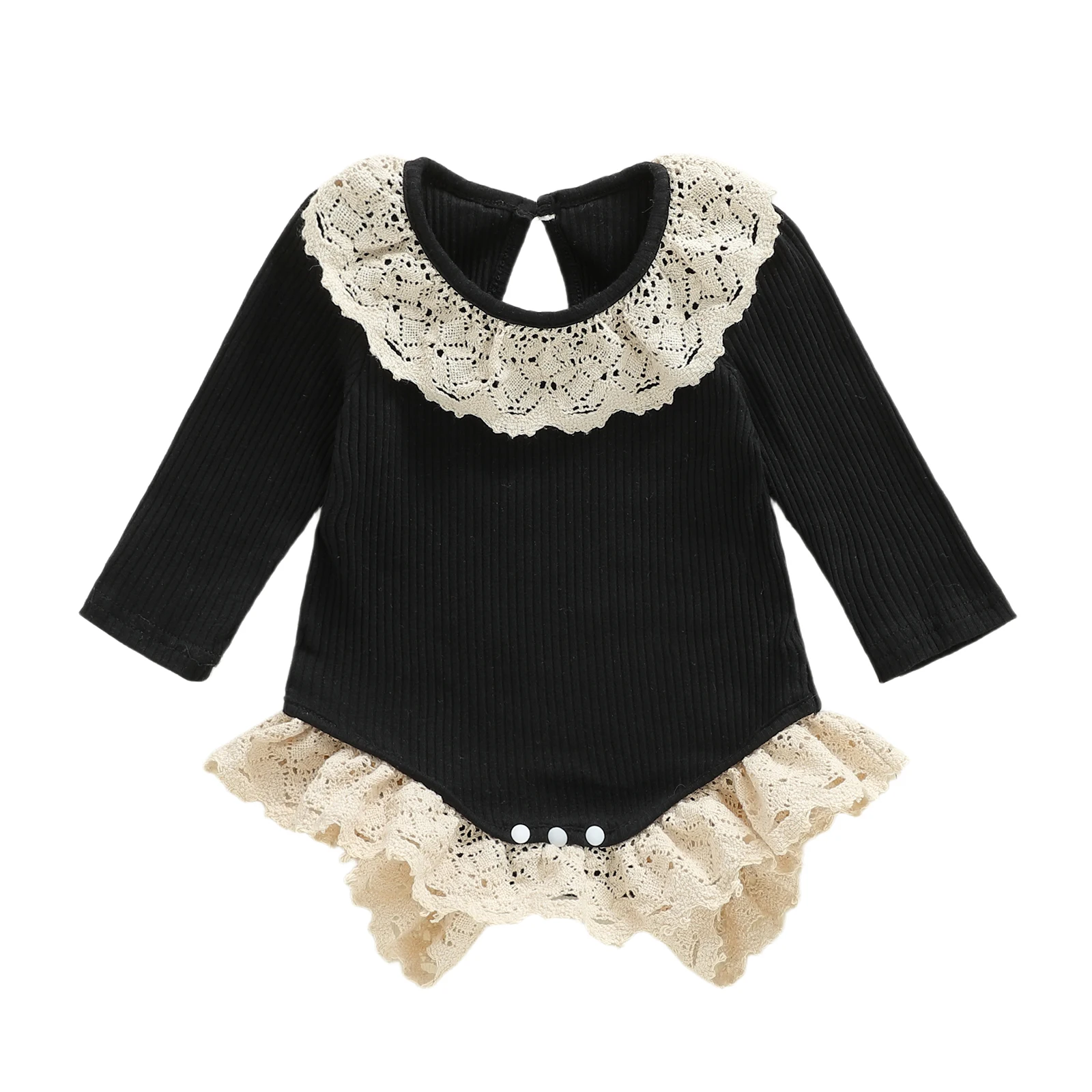 Baby Girl Autumn Casual Romper Infant Long Sleeve Round Neck Lace Trim Jumpsuits