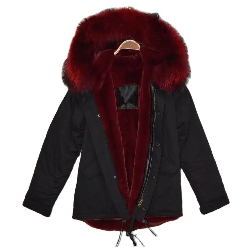 Winter Attractive Advanced Burgundy Faux Fur Lined Parka Black Short Style Coat For Women And Men