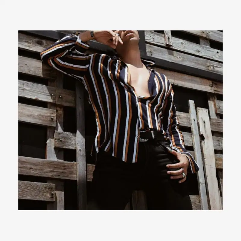 Casual listrado lapela masculina irt longo sve juventude faion especial ajuste largo impresso casual wear para homem