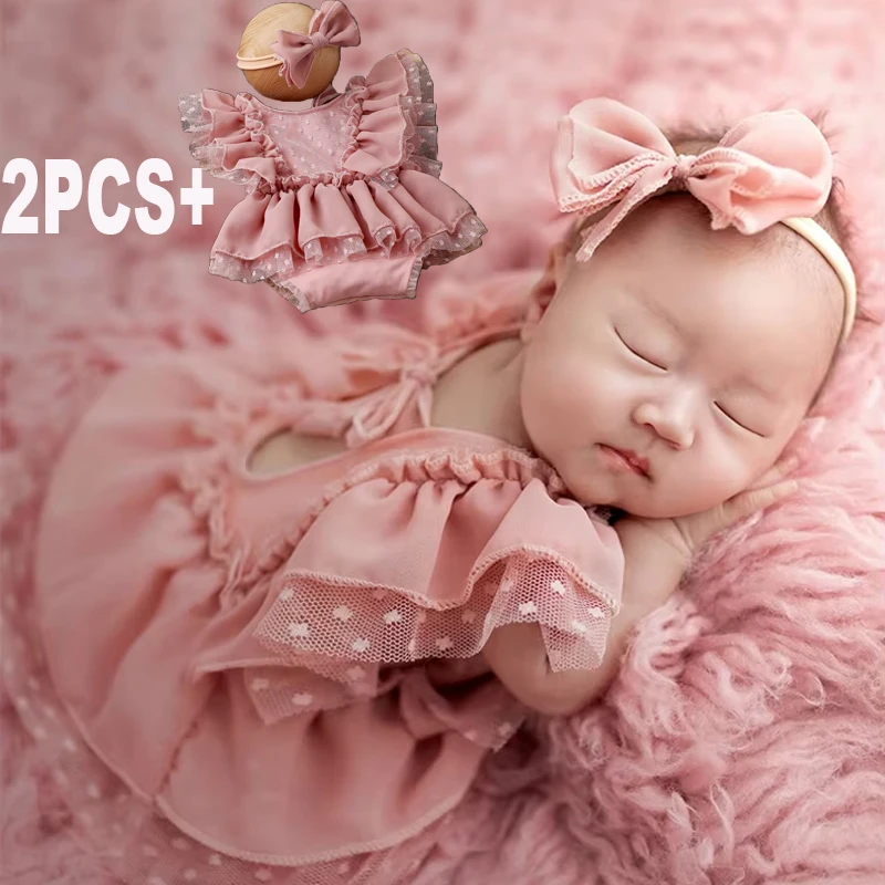 

Ylsteed комплект из 2 предметов, пыльно-розовый шифоновый комбинезон для новорожденных с бантом, повязка для волос в горошек, кружевная одежда для детской фотографии-HD