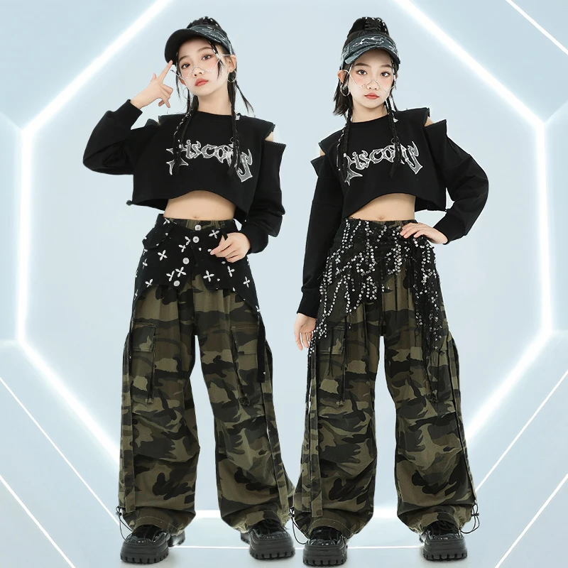 Girls Hip Hop Clothes Black Crop Tops Loose Pants Jazz Dance Costume Team Show Clothing Kpop Style Concert Stage Outfit BL14548