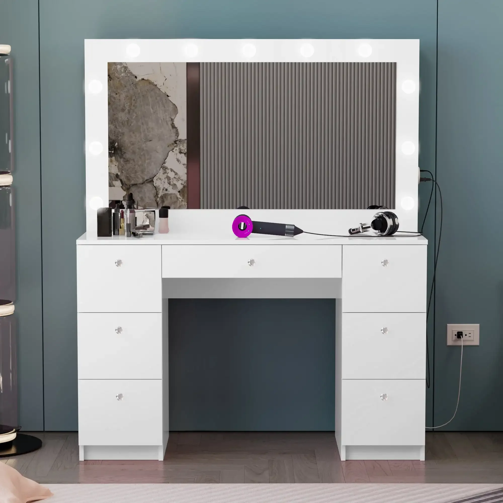 Tammy Modern Makeup Vanity Desk, Crystal Knobs White Vanity Set for Bedroom Big Mirror and Seven Drawers Built-in Lights