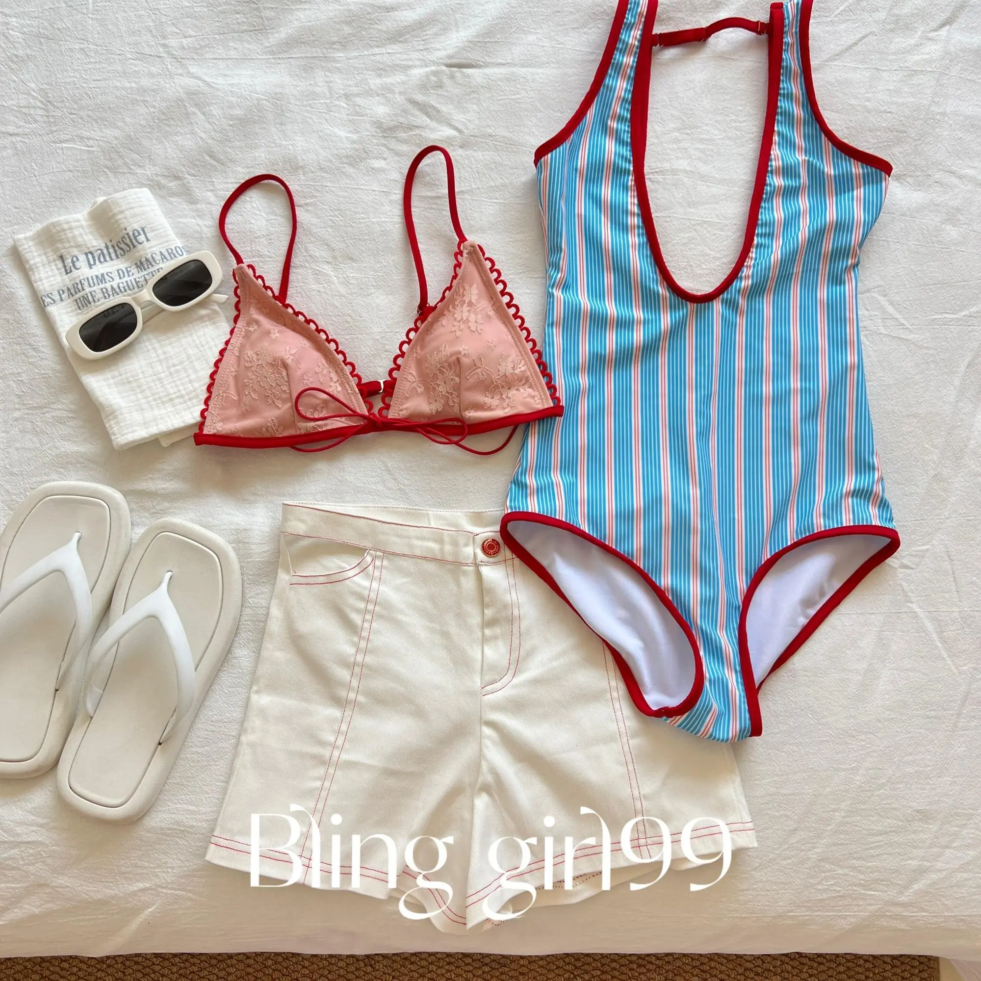 Neuer einteiliger Badeanzug mit Schleife und Streifen für Damen mit High-End-Feeling, blau gestreifter Bikini