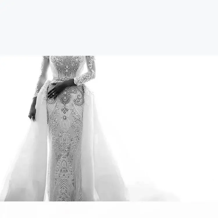 Customized African Long Sleeves Mermaid Dresses Scoop Lace Applique Beaded Crystals Over Skirts Court Train Wedding Bridal