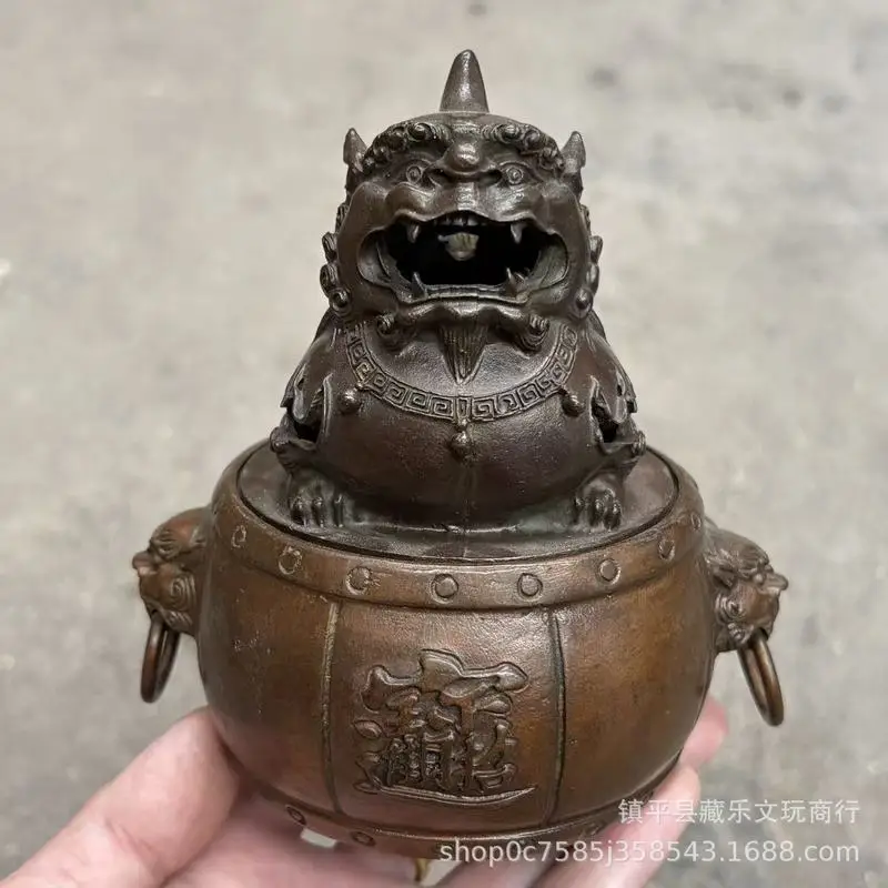 Antique Qianlong Era Item: Lion Incense Burner, Green Embroidered Bag, Old Bronze Ornament for Attracting Wealth and Treasure