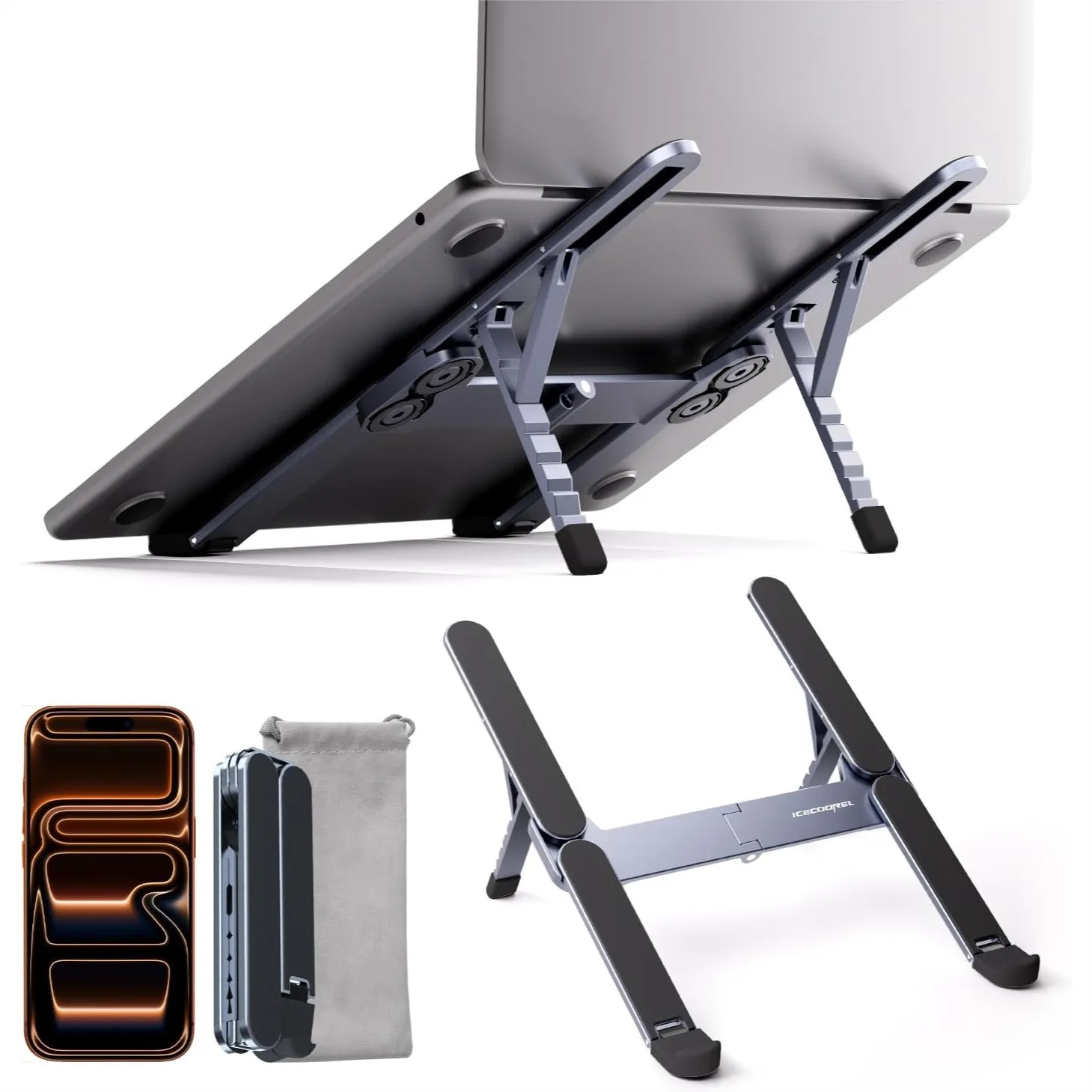Foldable Laptop Stand with 6-Level Height Adjustment, Portable Aluminum Alloy Riser for 10-17 Inch Laptops and Tablets
