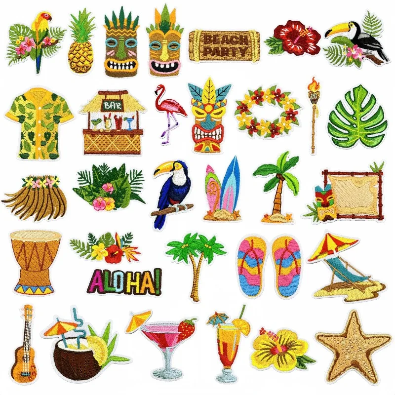 Parche Bordado Termoadhesivo con Diseño de Planta de Playa Hawaiana, Aves de la Selva, para Camisetas, Gorras, Mochilas, Ropa, Apliques, Pegatinas
