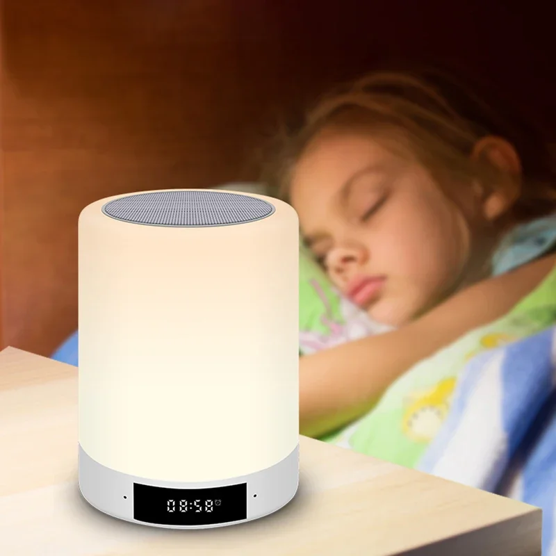 Veilleuse LED avec horloge, lampe à capteur tactile, lumière colorée RVB douce, cadeau pour enfant, chambre de bébé, haut-parleur Bluetooth multifonctionnel