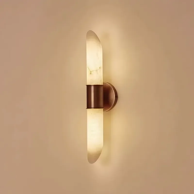 Modern Alabaster Wall Sconce Vertical Cylinder Translucent Stone Lamp Bronze Finish for Hotel Villa Bedroom Hallway Decor