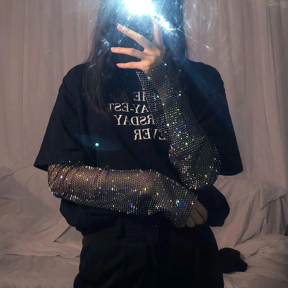 

AKYZO Sparkly Dazzling Fishnet Gloves Fingerless Gloves See Through Sunscreen Crystal Rhinestone Club Rave Festival Y2K Streetwe