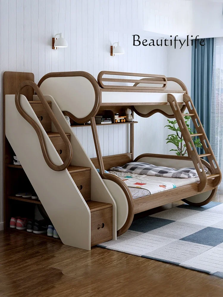 

N42 Nordic modern minimalist bedroom full solid wood high and low bed white wood soft bag upper and lower bed triple bed