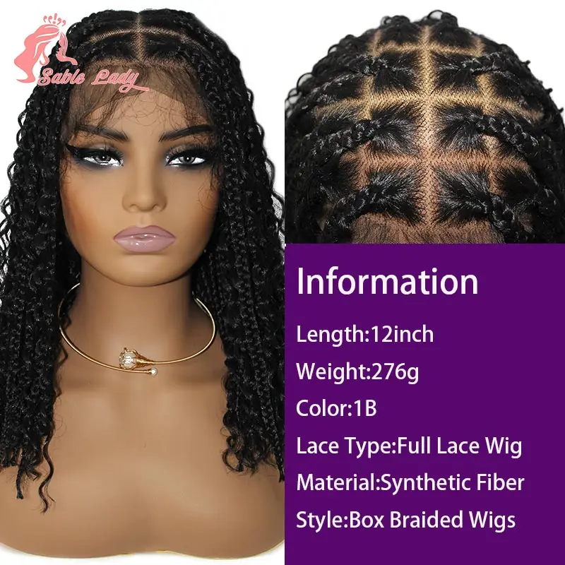 Perruque Synthétique Courte Tressée Style Boho, Postiche de Tresses Carrées Sans Nministériels ds, Extrémités Bouclées, Full Lace, Cornrow, pour Femme, 12 Pouces