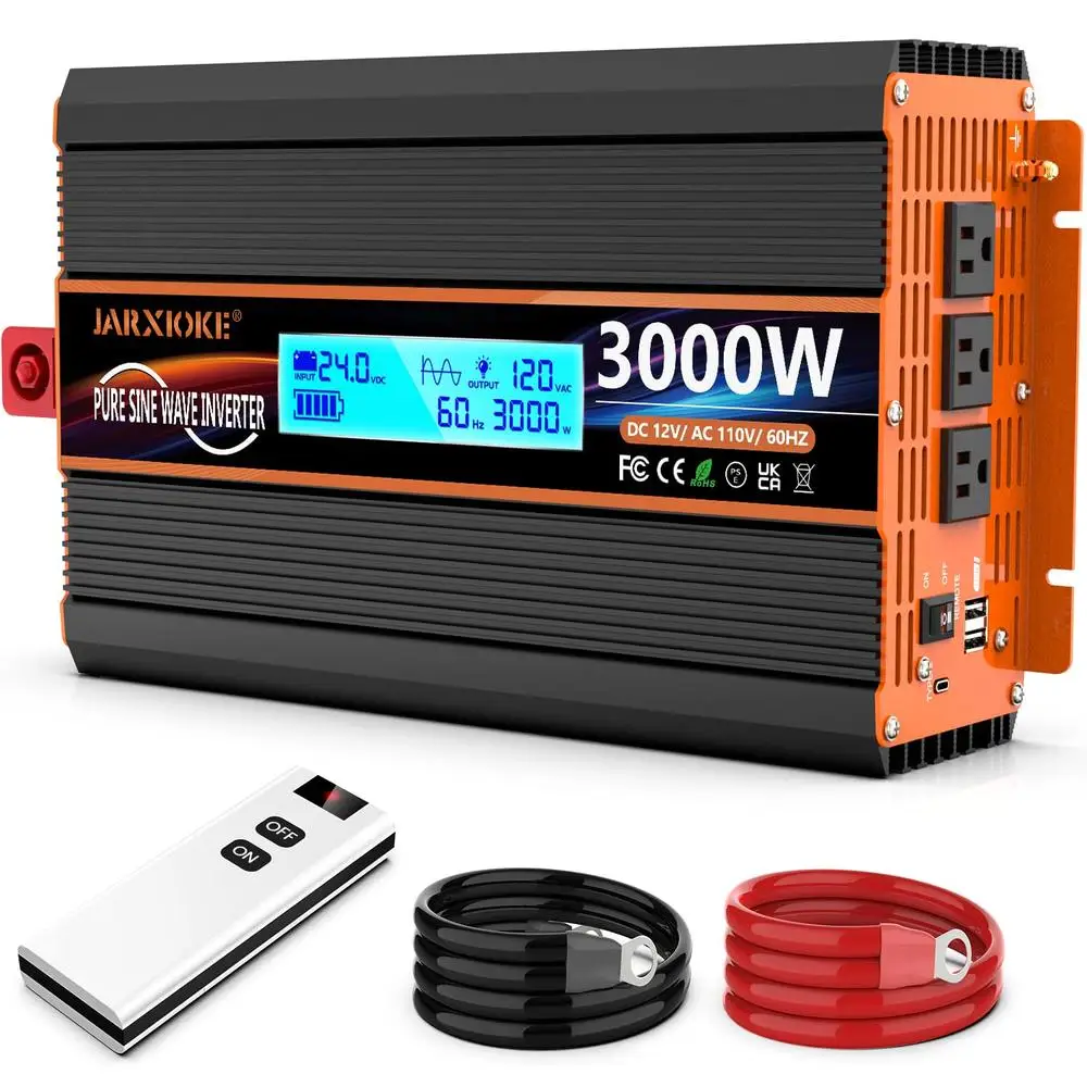 3000 Watt Pure Sine Wave Power Inverter 24V DC to 110V 120V Converter Family RV Off Grid Solar System Car with Type-C Ports 3 AC