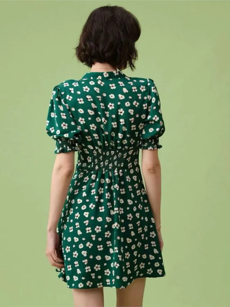 Retro Printed Green Dress 2025 European And American Style Summer Puff Sleeve Elegant Dress Streetwear Casual Party Mini Dress